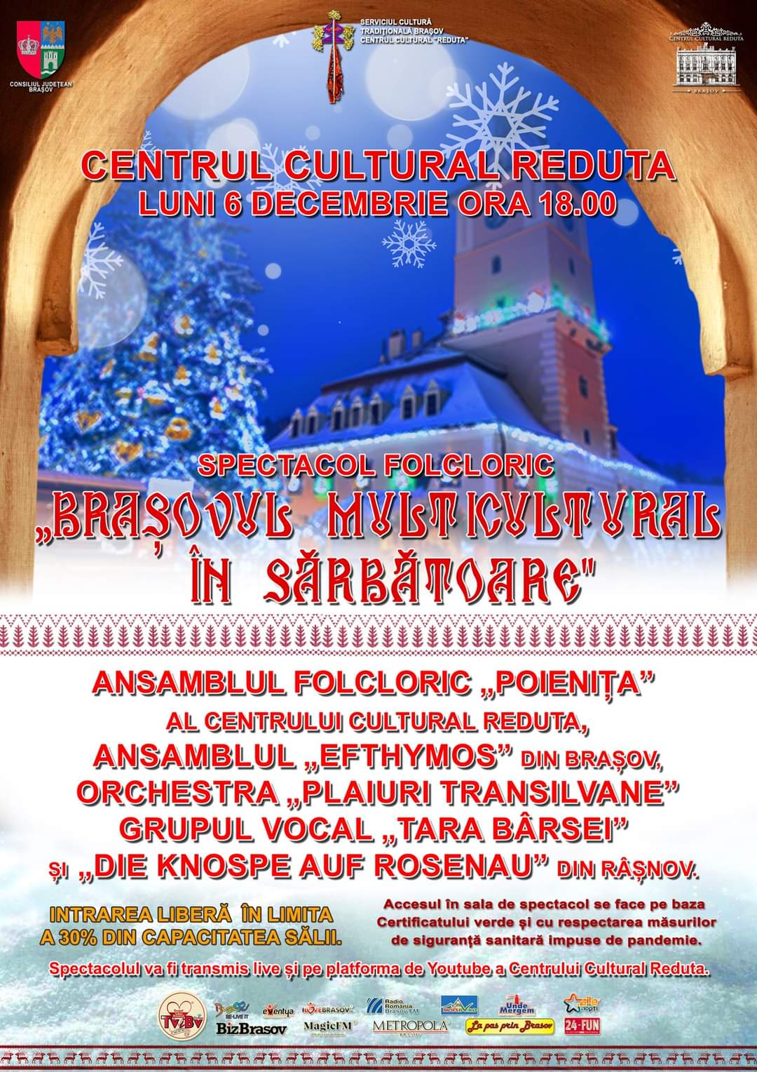 Centrul Cultural Reduta va organiza Spectacolul folcloric ,, Brașovul multicultural în sărbătoare'' în data de 6 decembrie, de la ora 18.00.