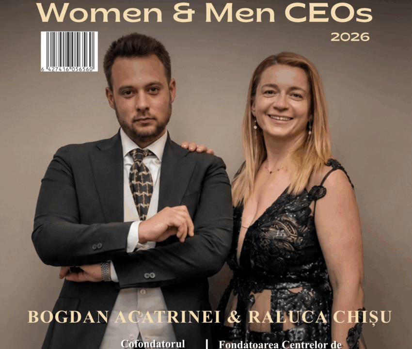 Bogdan Acatrinei, Cofondator Asociația KinetoBebe și Raluca Chișu, Fondatoarea Centrelor de Recuperare Pediatrică KinetoBebe, pe coperta revistei „Future Economy – Women & Men CEOs 2026”