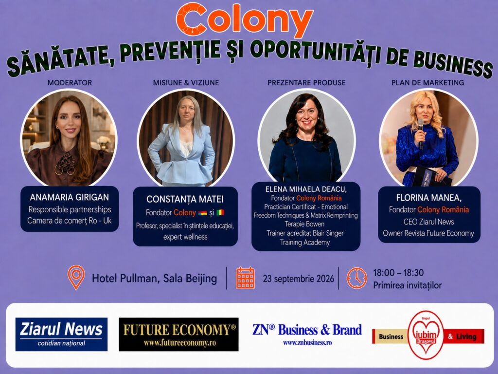 Sănătatea, prevenția și antreprenoriatul se întâlnesc la București: Conferința COLONY România, pe 23 septembrie 2026, de la ora 18:00, la Hotel Pullman 1 Sănătatea, prevenția și antreprenoriatul se întâlnesc la București: Conferința COLONY România, pe 23 septembrie 2026, de la ora 18:00, la Hotel Pullman